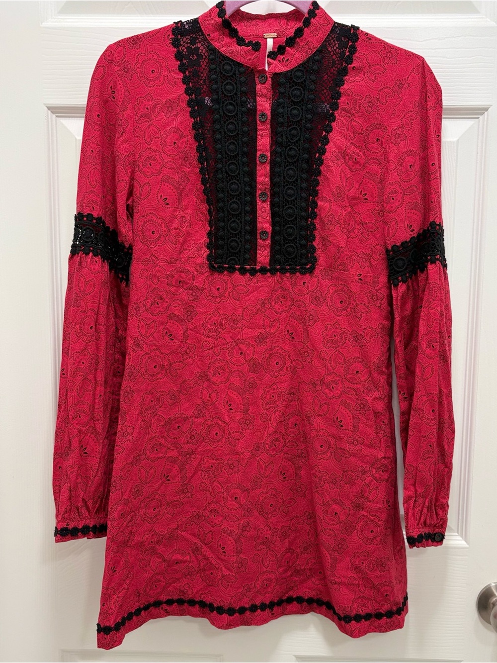 Free People Red Long-Sleeve Tunic Dress with Black Lace Trim